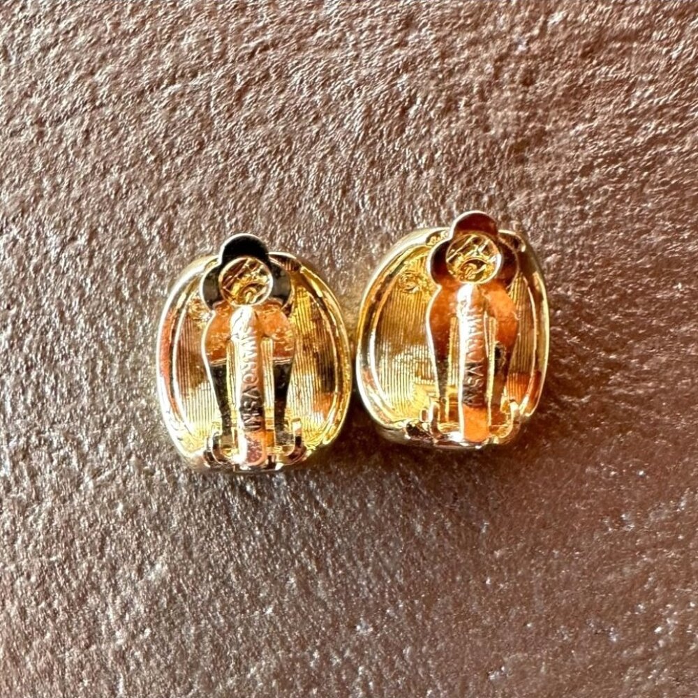 Vintage Swarovski Gold-Tone Clip-On Earrings Blue Clear Crystals Huggie Hoop - Picture 6 of 9